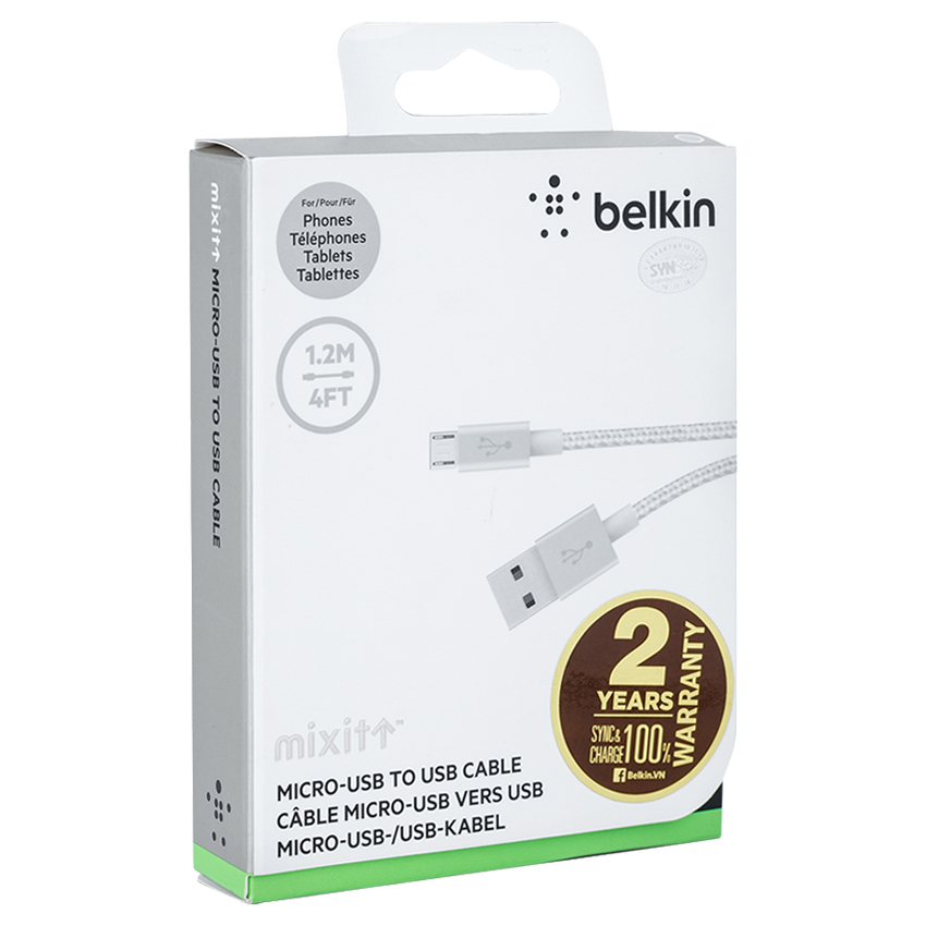 Cáp Sạc Micro USB Belkin MIXIT F2CU021bt04-WHT Hợp Kim Siêu Bền 1,2 Mét) đóng gói chắc chắn