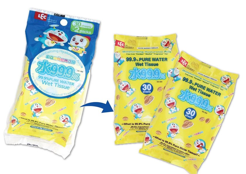 Giấy ướt LEC nước tinh khiết 99,9% Doraemon 30 tờ x 2 gói SS-302