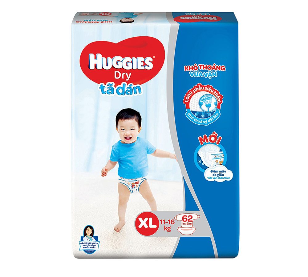 Tã Dán Huggies Dry Gói Cực Đại XL62 (62 Miếng)
