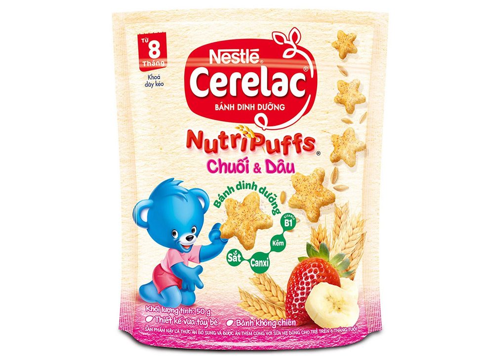 Bánh Ăn Dặm Nestlé CERELAC Nutripuffs Vị Chuối Dâu - Gói 50g