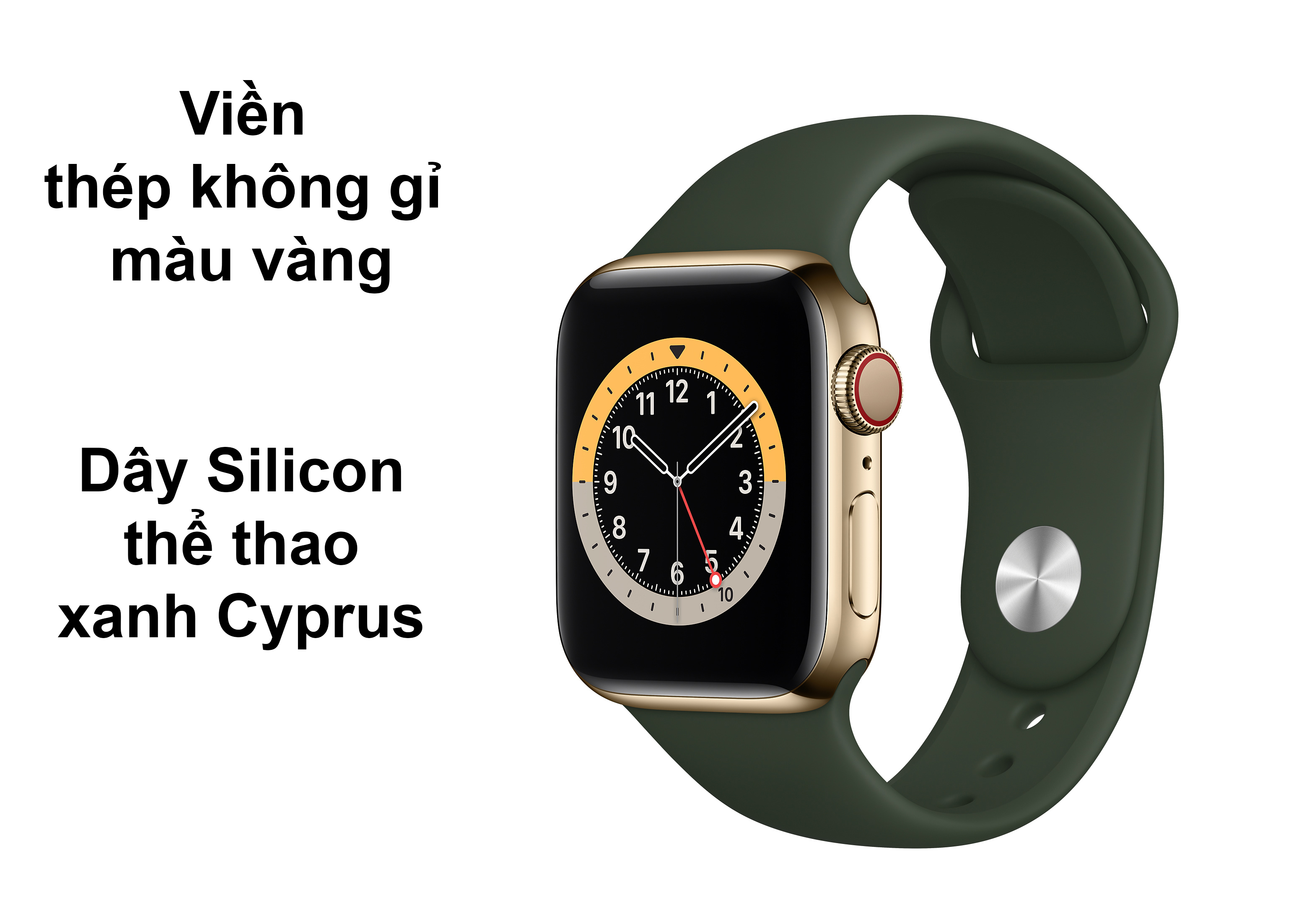 Apple Watch Series 6 GPS + 4G 44mm viền thép không gỉ màu Vàng dây Silicon màu xanh Cyprus