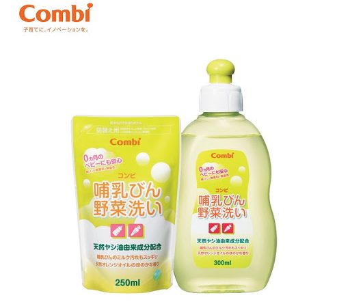 Combo chai rửa bình sữa và rau quả từ dầu cọ Combi 300ml và túi dung dịch rửa bình Combi 250ml_1