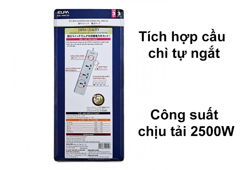 Ổ Cắm Điện ELPA ESL-VNC33 3m | Tích hợp cầu chì tự ngắt | Công suất 2500W