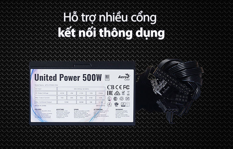 Nguồn/ Power Aerocool UNITED POWER 500W 80Plus Certified | Nhiều cổng kể nối thông dụng