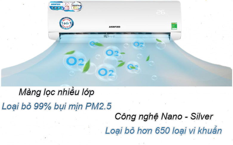Máy lạnh Asanzo Inverter 1 HP K09N66 | Màn lọc nhiều lớp, Công nghệ Nano - Silver