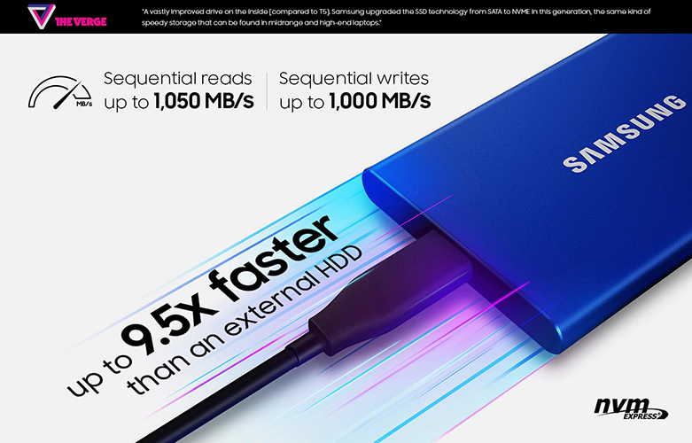 Ổ cứng SSD Samsung Portable T7 Non Touch 500GB 2.5" (MU-PC500T/WW) | Tốc độ đọc ghi nhanh chóng 