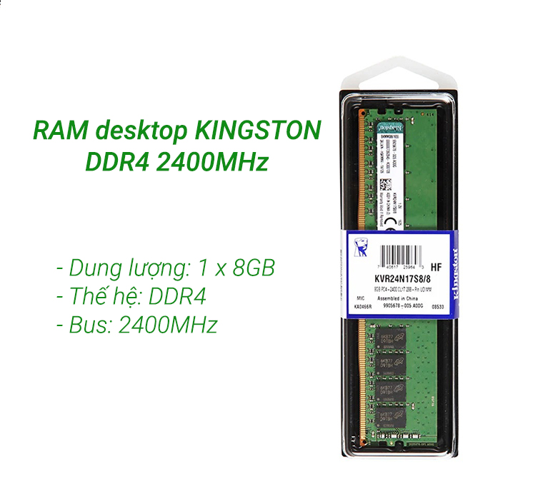Ram DDR4 Kingston 8GB (2400) (KVR24N17S8/8FE) | Xử lý đa nhiệm dễ dàng