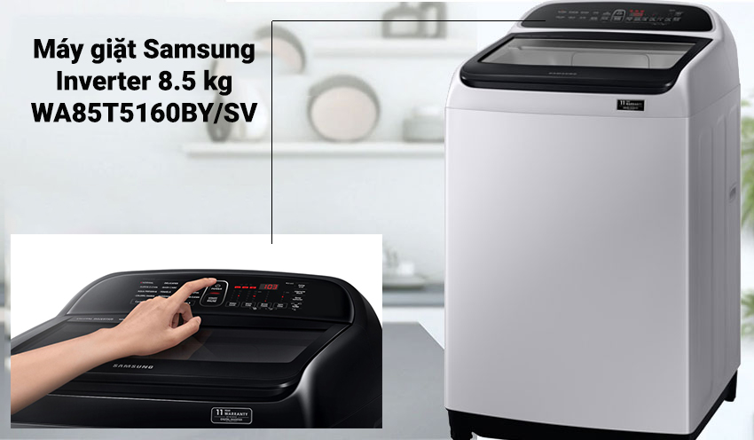 Máy giặt Samsung Inverter 8.5 kg WA85T5160BY/SV | Máy giặt cửa trên với bảng điều khiển hiện đại